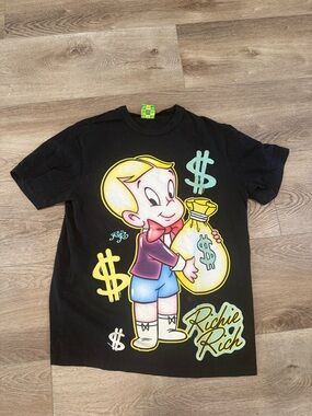 Richie Rich Black Graphic Tee with Colorful Money Artwork